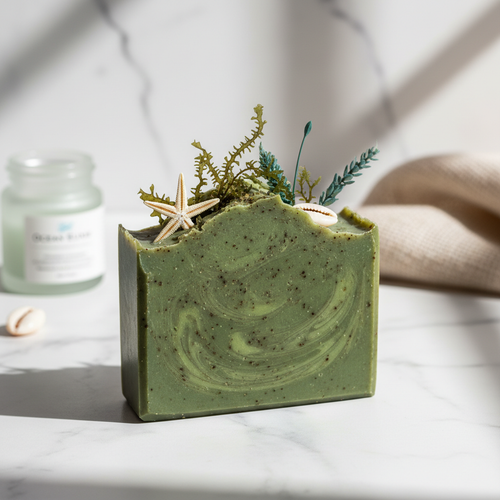Premium handmade sea moss soap bar with ocean botanicals on a white marble background
