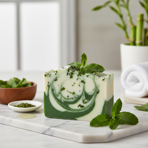 Premium handmade peppermint soap bar with fresh peppermint leaves on a white marble background